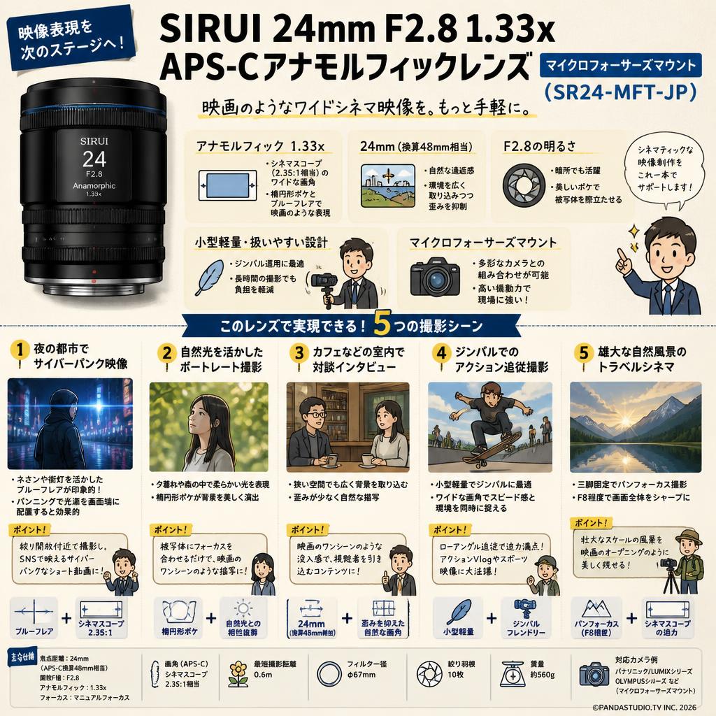 SIRUI 24mm F2.8 1.33x  APS-C アナモルフィックレンズ マイクロフォーサーズマウント （ SR24-MFT-JP） 用途