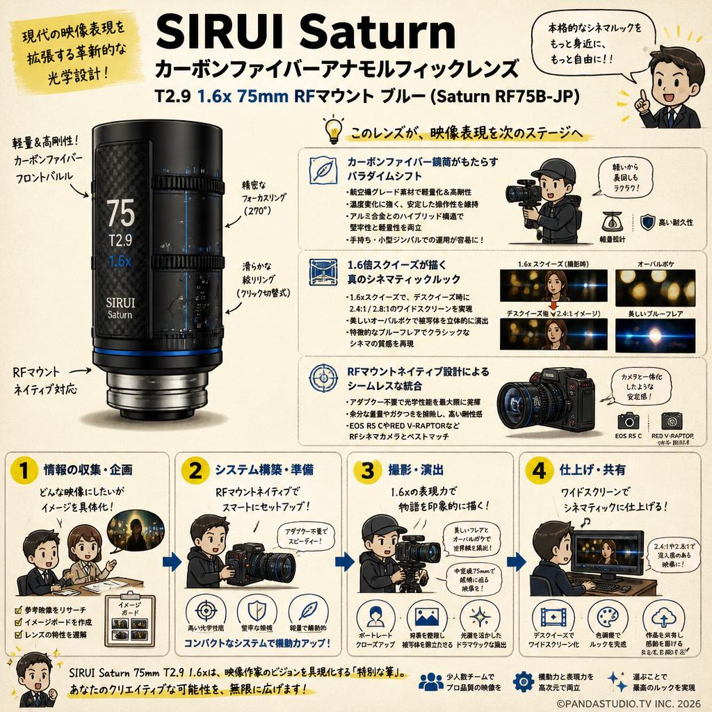 SIRUI Saturn カーボンファイバーアナモルフィックレンズ T2.9 1.6x 75mm RFマウント ブルー(Saturn RF75B-JP) 概要