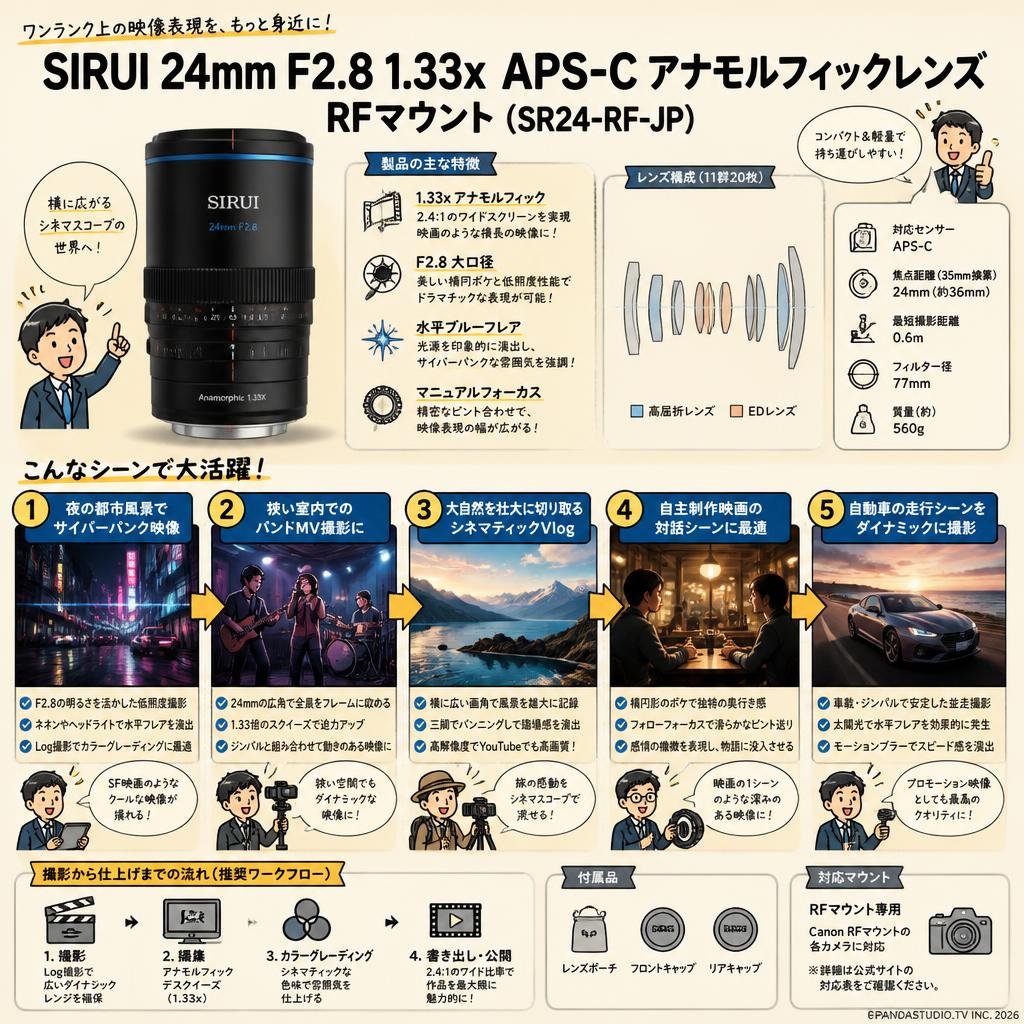SIRUI 24mm F2.8 1.33x  APS-C アナモルフィックレンズ RFマウント （ SR24-RF-JP） 用途