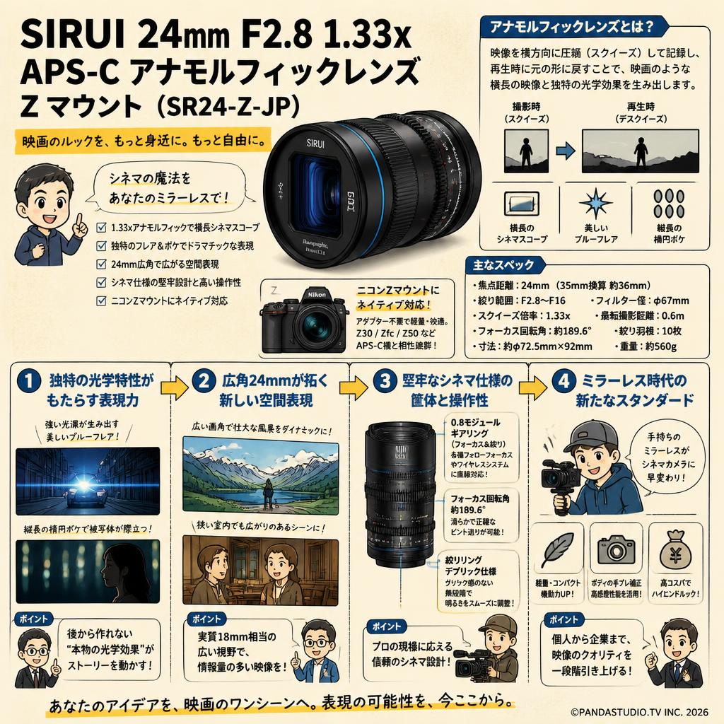 SIRUI 24mm F2.8 1.33x  APS-C アナモルフィックレンズ Zマウント （ SR24-Z-JP） 概要