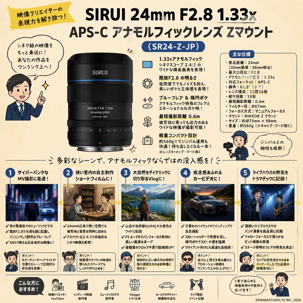 SIRUI 24mm F2.8 1.33x  APS-C アナモルフィックレンズ Zマウント （ SR24-Z-JP） 用途