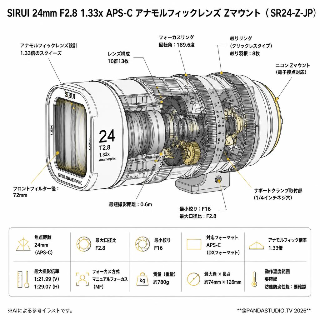 SIRUI 24mm F2.8 1.33x  APS-C アナモルフィックレンズ Zマウント （ SR24-Z-JP） スペック