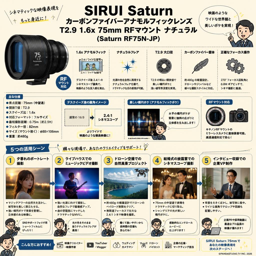 SIRUI Saturn カーボンファイバーアナモルフィックレンズ T2.9 1.6x 75mm RFマウント ナチュラル (Saturn RF75N-JP) 用途