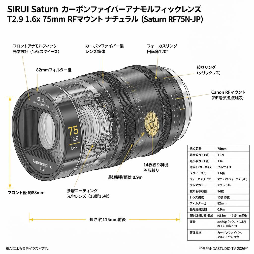 SIRUI Saturn カーボンファイバーアナモルフィックレンズ T2.9 1.6x 75mm RFマウント ナチュラル (Saturn RF75N-JP) スペック