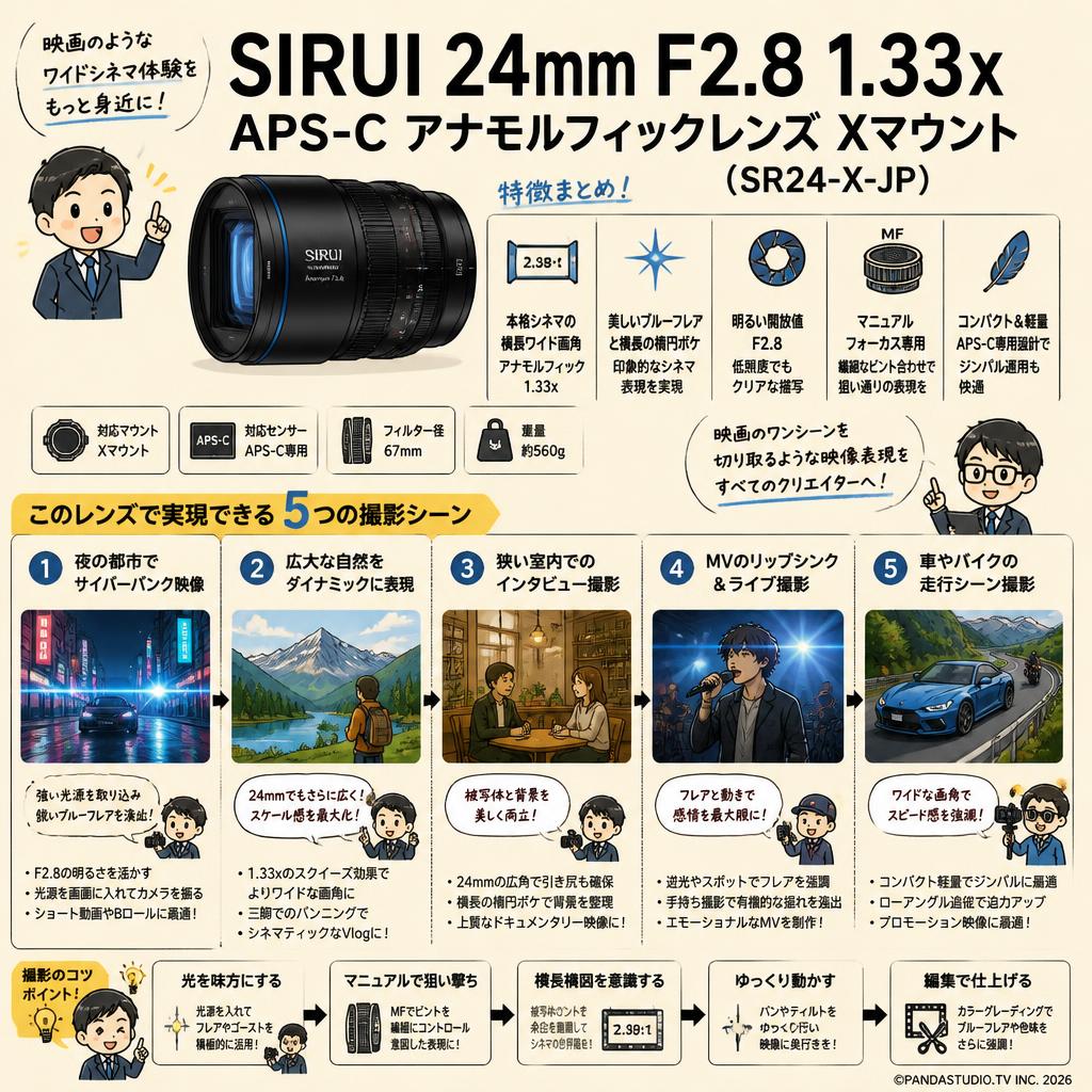 SIRUI 24mm F2.8 1.33x  APS-C アナモルフィックレンズ Xマウント （ SR24-X-JP） 用途