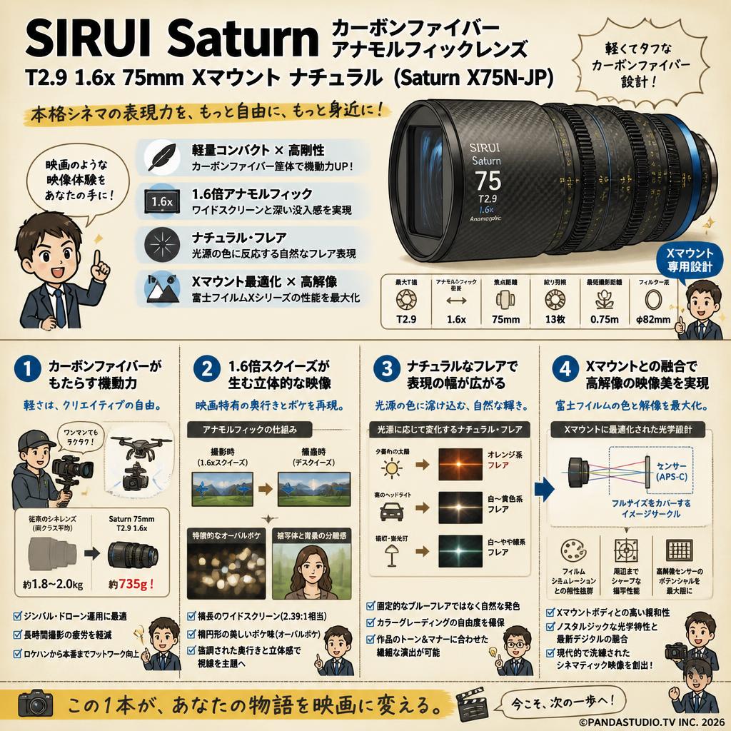 SIRUI Saturn カーボンファイバーアナモルフィックレンズ T2.9 1.6x 75mm Xマウント ナチュラル (Saturn X75N-JP) 概要