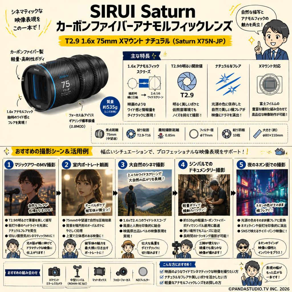 SIRUI Saturn カーボンファイバーアナモルフィックレンズ T2.9 1.6x 75mm Xマウント ナチュラル (Saturn X75N-JP) 用途