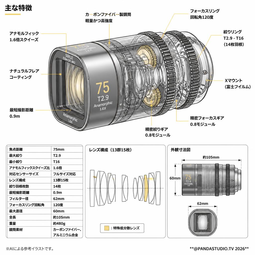 SIRUI Saturn カーボンファイバーアナモルフィックレンズ T2.9 1.6x 75mm Xマウント ナチュラル (Saturn X75N-JP) スペック