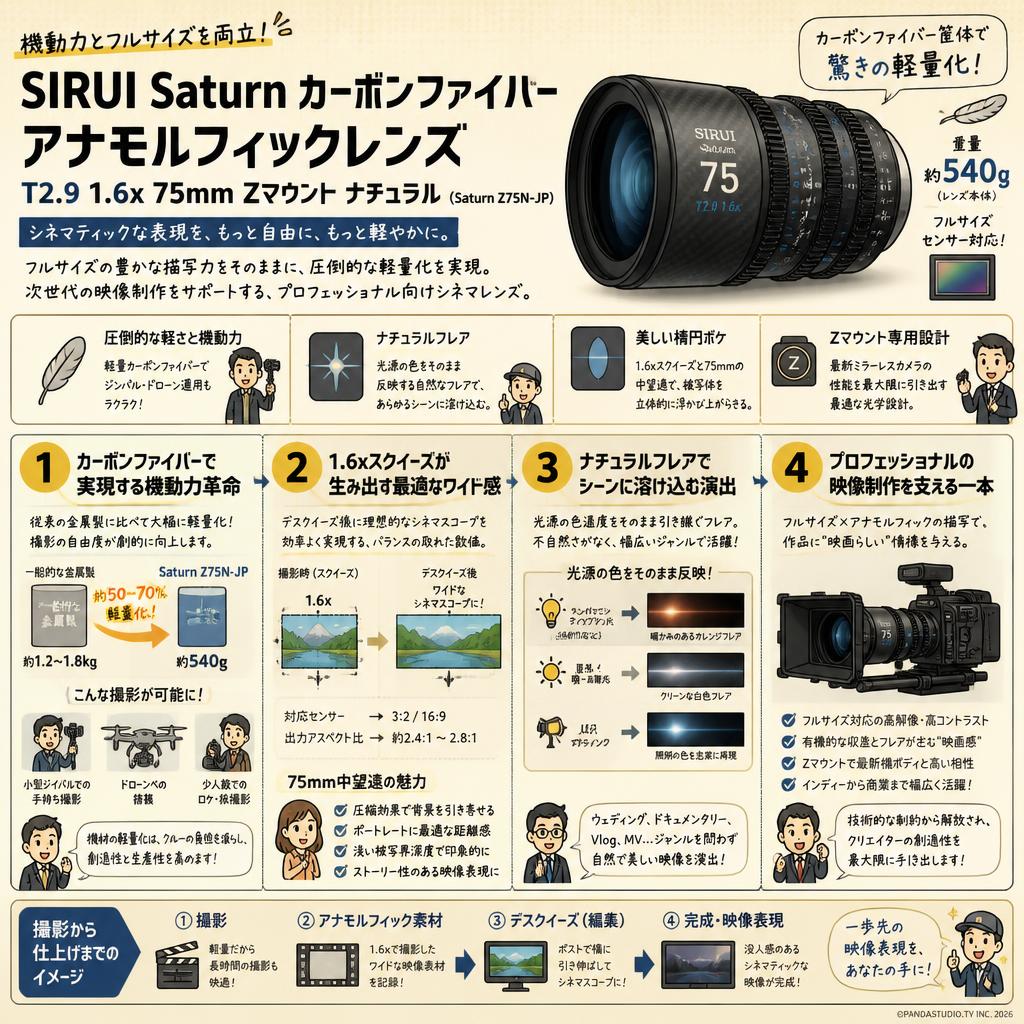 SIRUI Saturn カーボンファイバーアナモルフィックレンズ T2.9 1.6x 75mm Zマウント ナチュラル (Saturn Z75N-JP) 概要