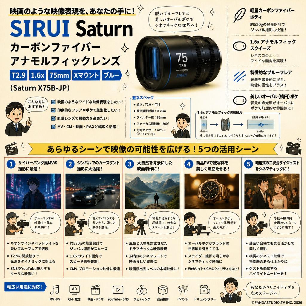 SIRUI Saturn カーボンファイバーアナモルフィックレンズ T2.9 1.6x 75mm Xマウント ブルー(Saturn X75B-JP) 用途