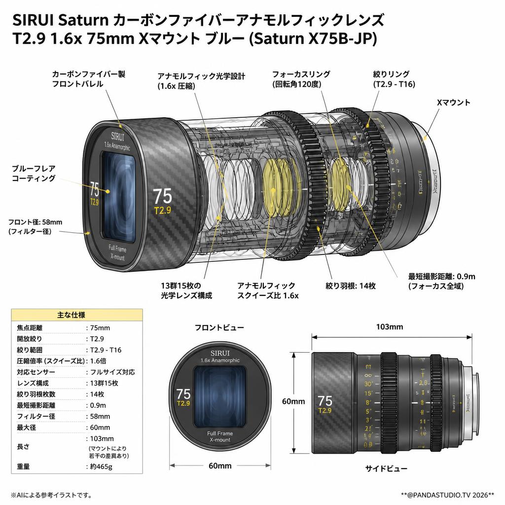 SIRUI Saturn カーボンファイバーアナモルフィックレンズ T2.9 1.6x 75mm Xマウント ブルー(Saturn X75B-JP) スペック