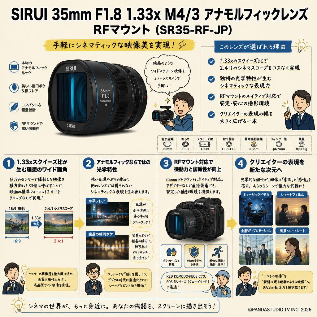 SIRUI 35mm F1.8 1.33x M4/3 アナモルフィックレンズ RFマウント（ SR35-RF-JP） 概要