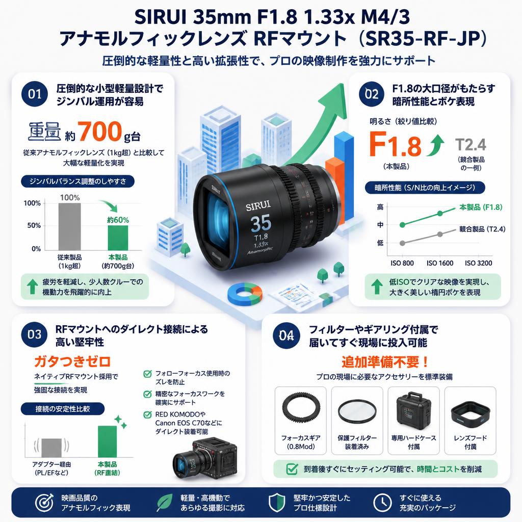 SIRUI 35mm F1.8 1.33x M4/3 アナモルフィックレンズ RFマウント（ SR35-RF-JP） セールスポイント