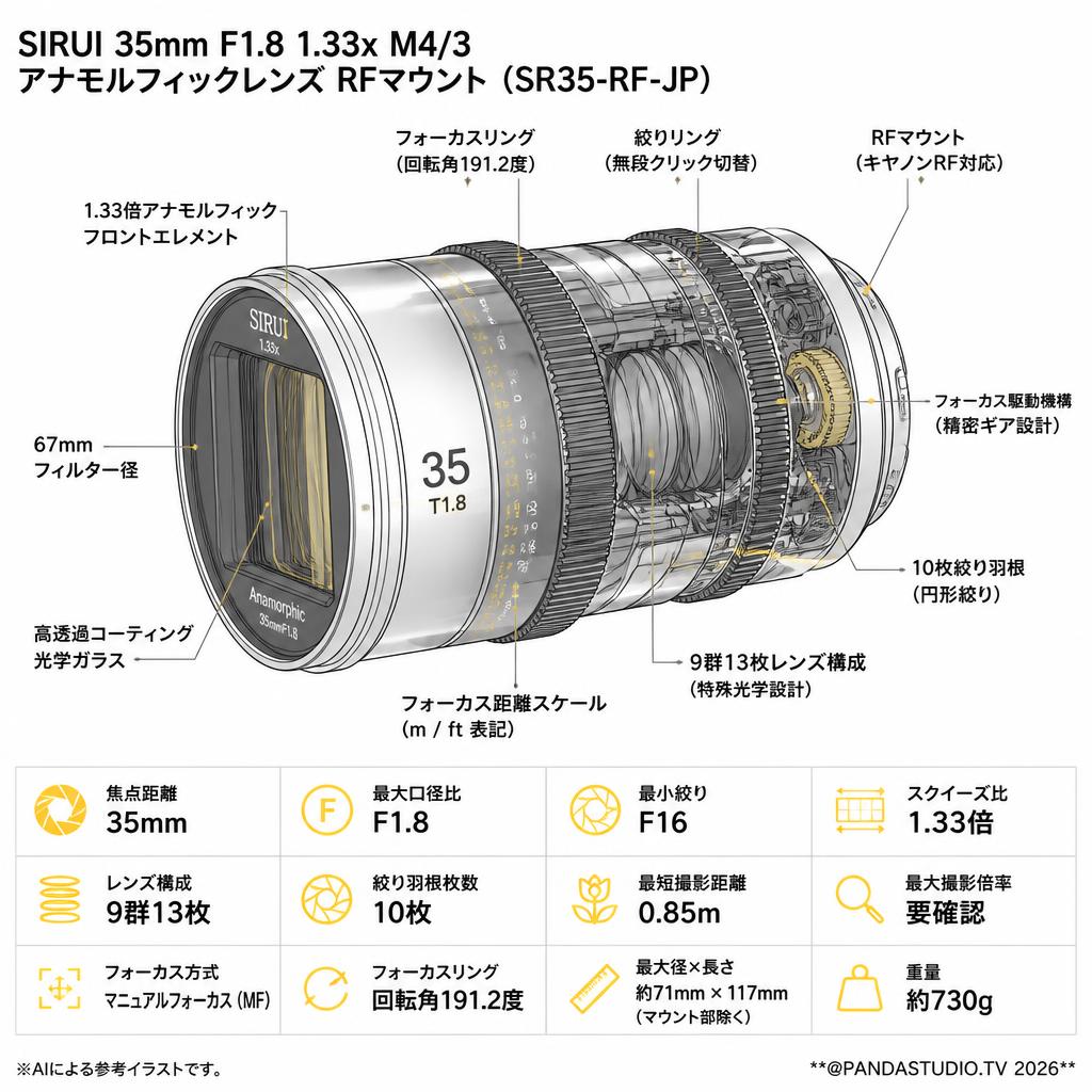 SIRUI 35mm F1.8 1.33x M4/3 アナモルフィックレンズ RFマウント（ SR35-RF-JP） スペック