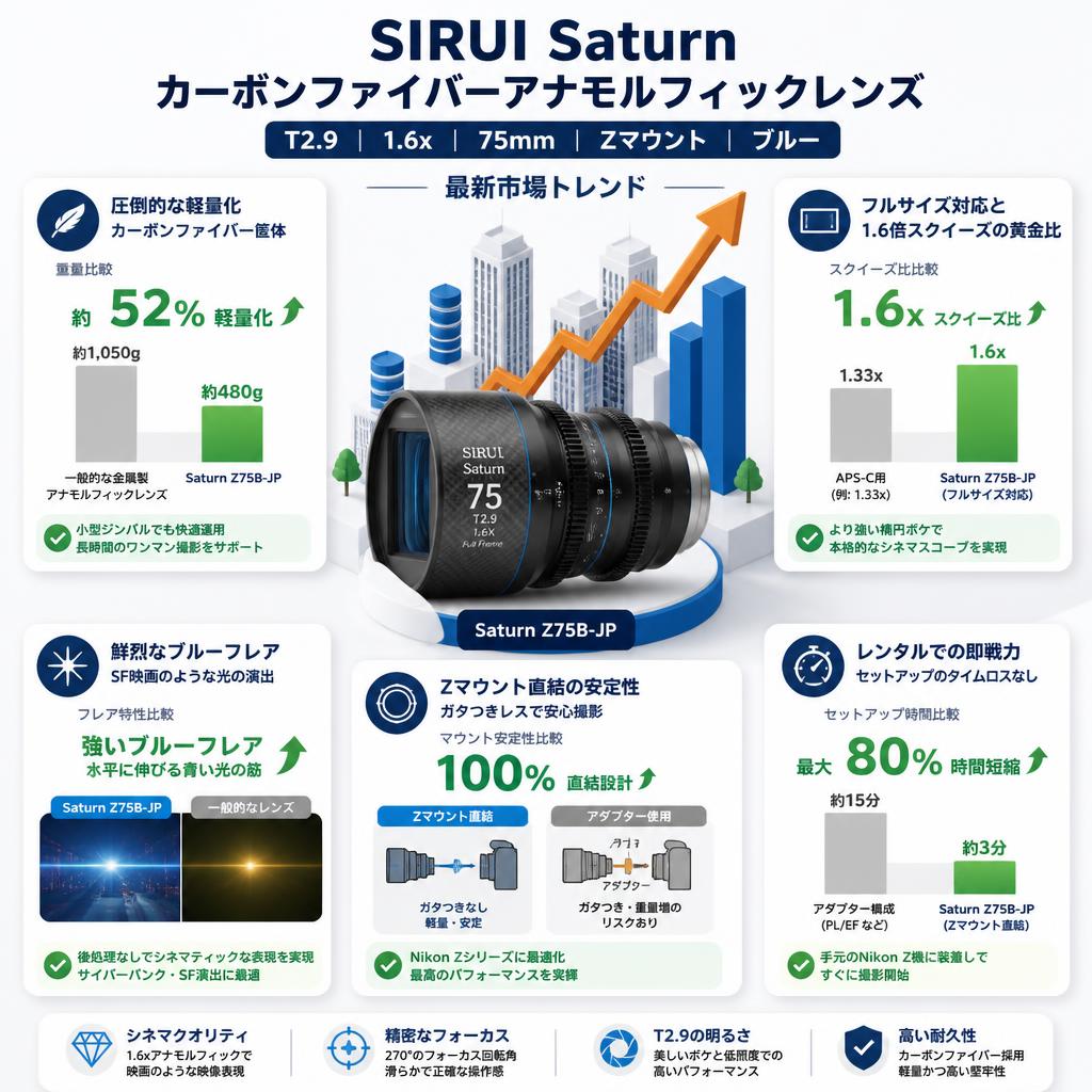 SIRUI Saturn カーボンファイバーアナモルフィックレンズ T2.9 1.6x 75mm Zマウント ブルー (Saturn Z75B-JP) セールスポイント