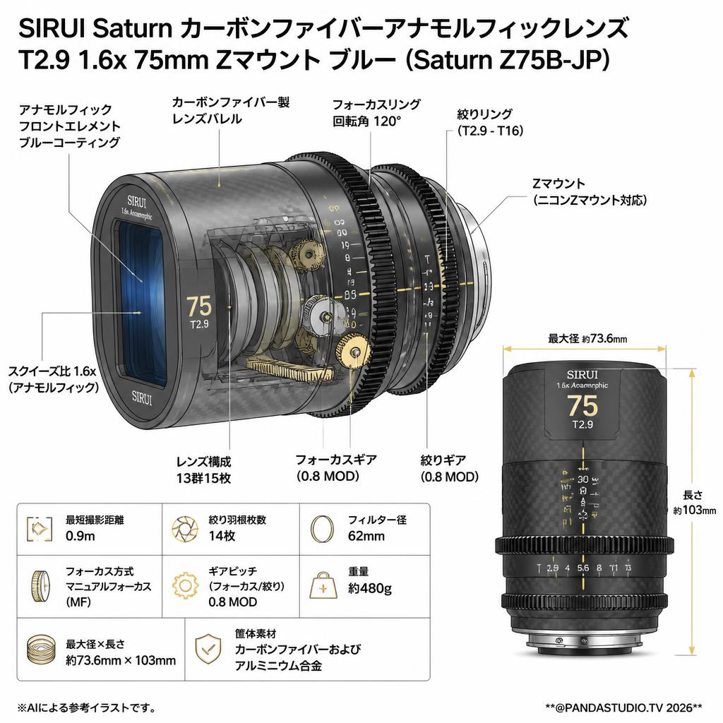 SIRUI Saturn カーボンファイバーアナモルフィックレンズ T2.9 1.6x 75mm Zマウント ブルー (Saturn Z75B-JP) スペック