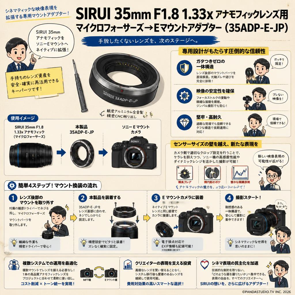 SIRUI 35mm F1.8 1.33x アナモフィックレンズ用 マイクロフォーサーズ→Eマウントアダプター （35ADP-E-JP） 概要