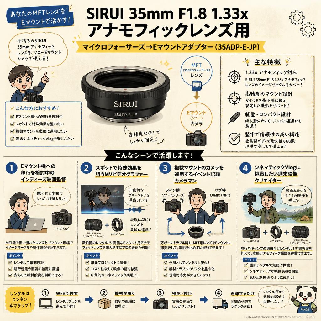 SIRUI 35mm F1.8 1.33x アナモフィックレンズ用 マイクロフォーサーズ→Eマウントアダプター （35ADP-E-JP） おもな対象のお客様