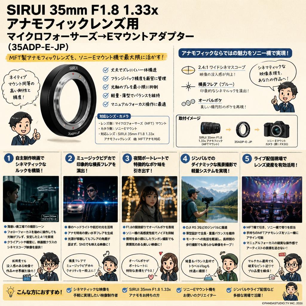 SIRUI 35mm F1.8 1.33x アナモフィックレンズ用 マイクロフォーサーズ→Eマウントアダプター （35ADP-E-JP） 用途