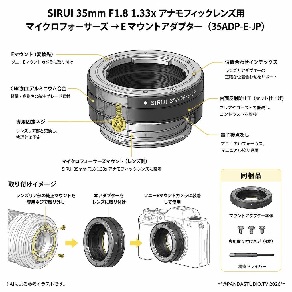 SIRUI 35mm F1.8 1.33x アナモフィックレンズ用 マイクロフォーサーズ→Eマウントアダプター （35ADP-E-JP） スペック