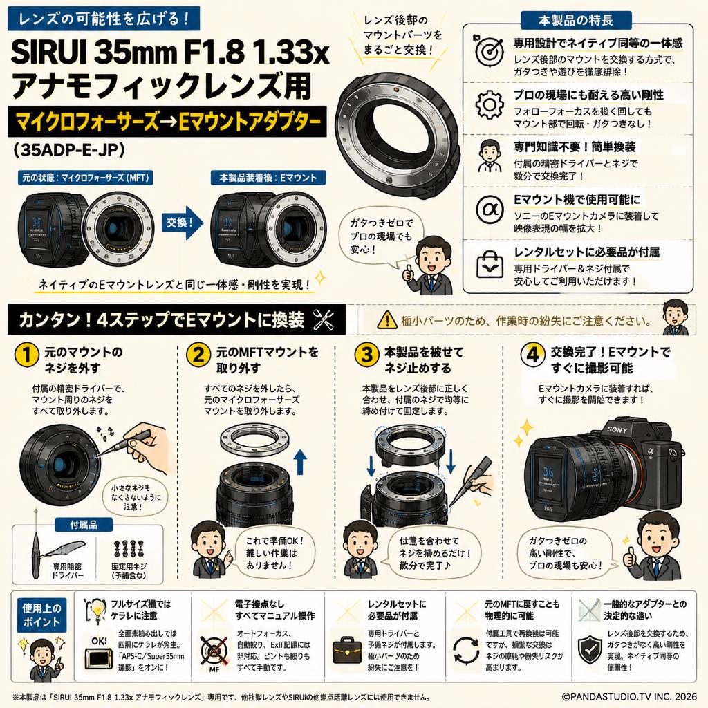 SIRUI 35mm F1.8 1.33x アナモフィックレンズ用 マイクロフォーサーズ→Eマウントアダプター （35ADP-E-JP） FAQ（よくある質問と答え）