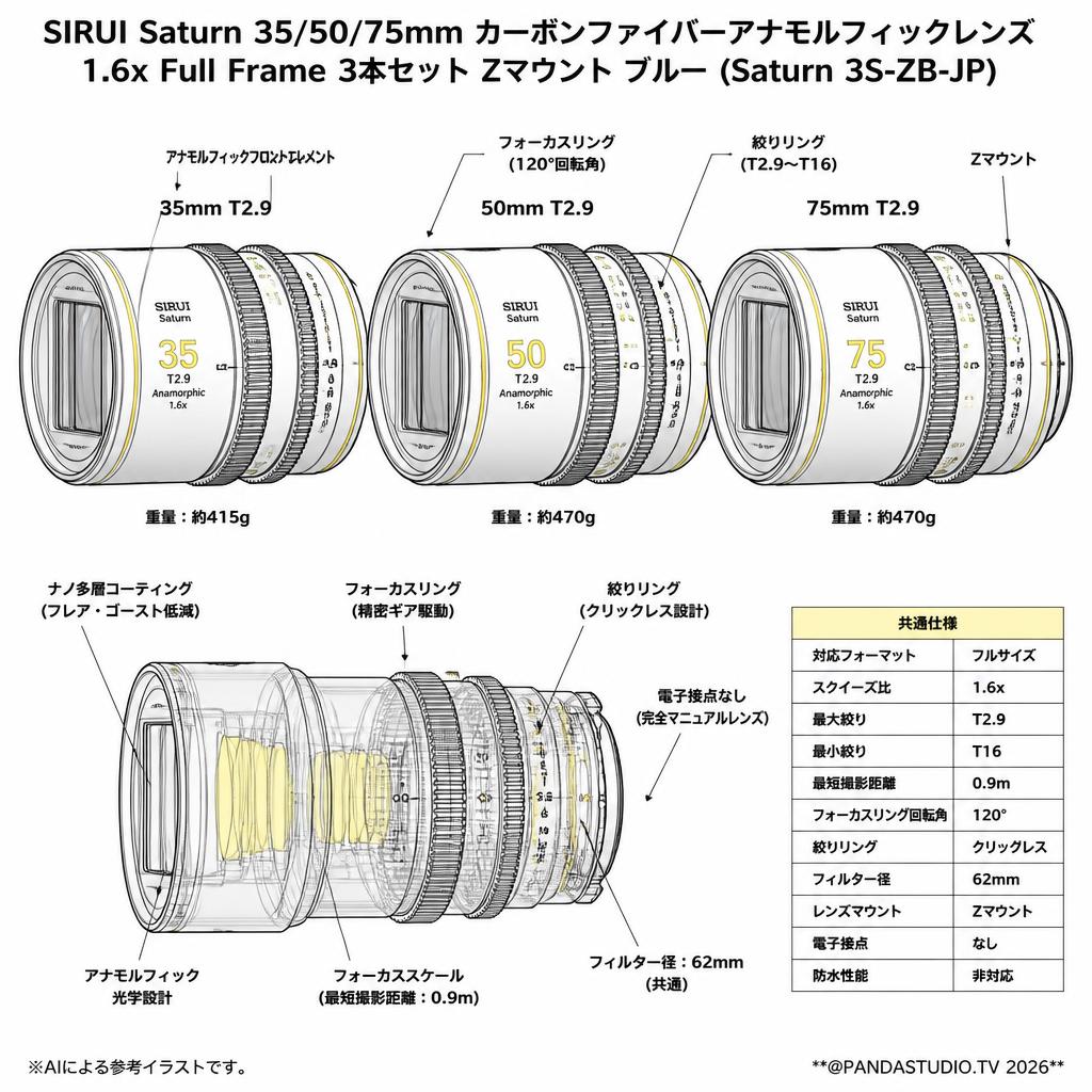 SIRUI Saturn 35/50/75mm カーボンファイバーアナモルフィックレンズ 1.6x Full Frame 3本セット Zマウント ブルー(Saturn 3S-ZB-JP) スペック