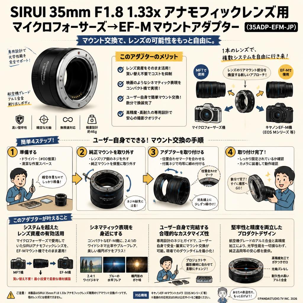 SIRUI 35mm F1.8 1.33x アナモフィックレンズ用 マイクロフォーサーズ→EF-Mマウントアダプター （35ADP-EFM-JP） 概要