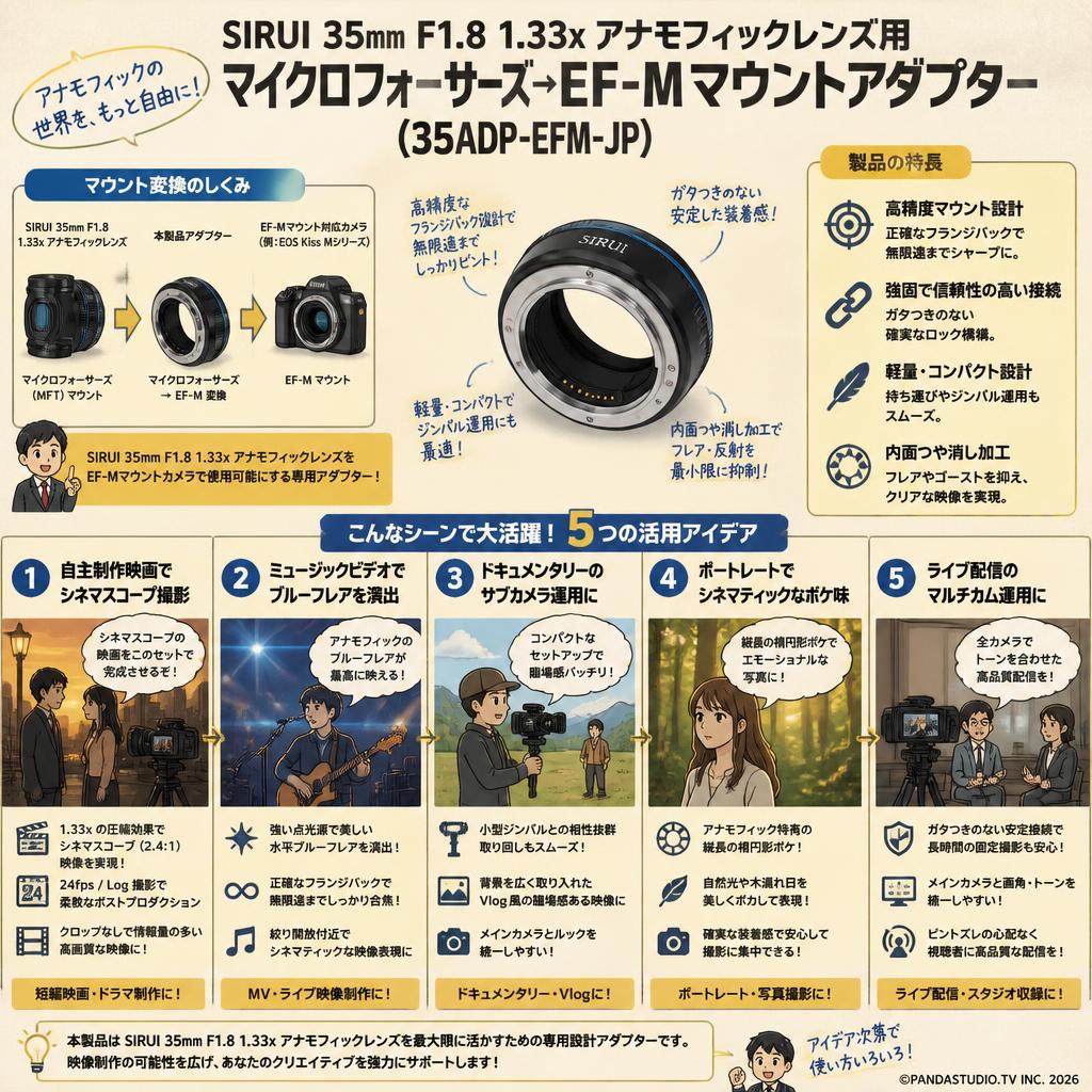 SIRUI 35mm F1.8 1.33x アナモフィックレンズ用 マイクロフォーサーズ→EF-Mマウントアダプター （35ADP-EFM-JP） 用途
