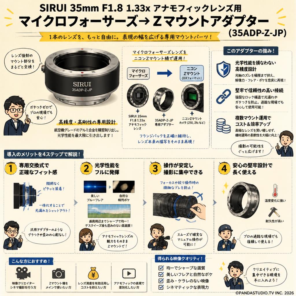 SIRUI 35mm F1.8 1.33x アナモフィックレンズ用 マイクロフォーサーズ→Zマウントアダプター （35ADP-Z-JP） 概要