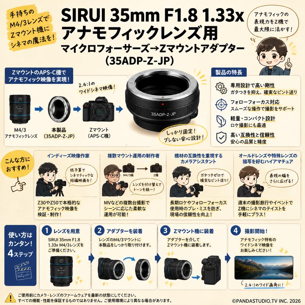 SIRUI 35mm F1.8 1.33x アナモフィックレンズ用 マイクロフォーサーズ→Zマウントアダプター （35ADP-Z-JP） おもな対象のお客様