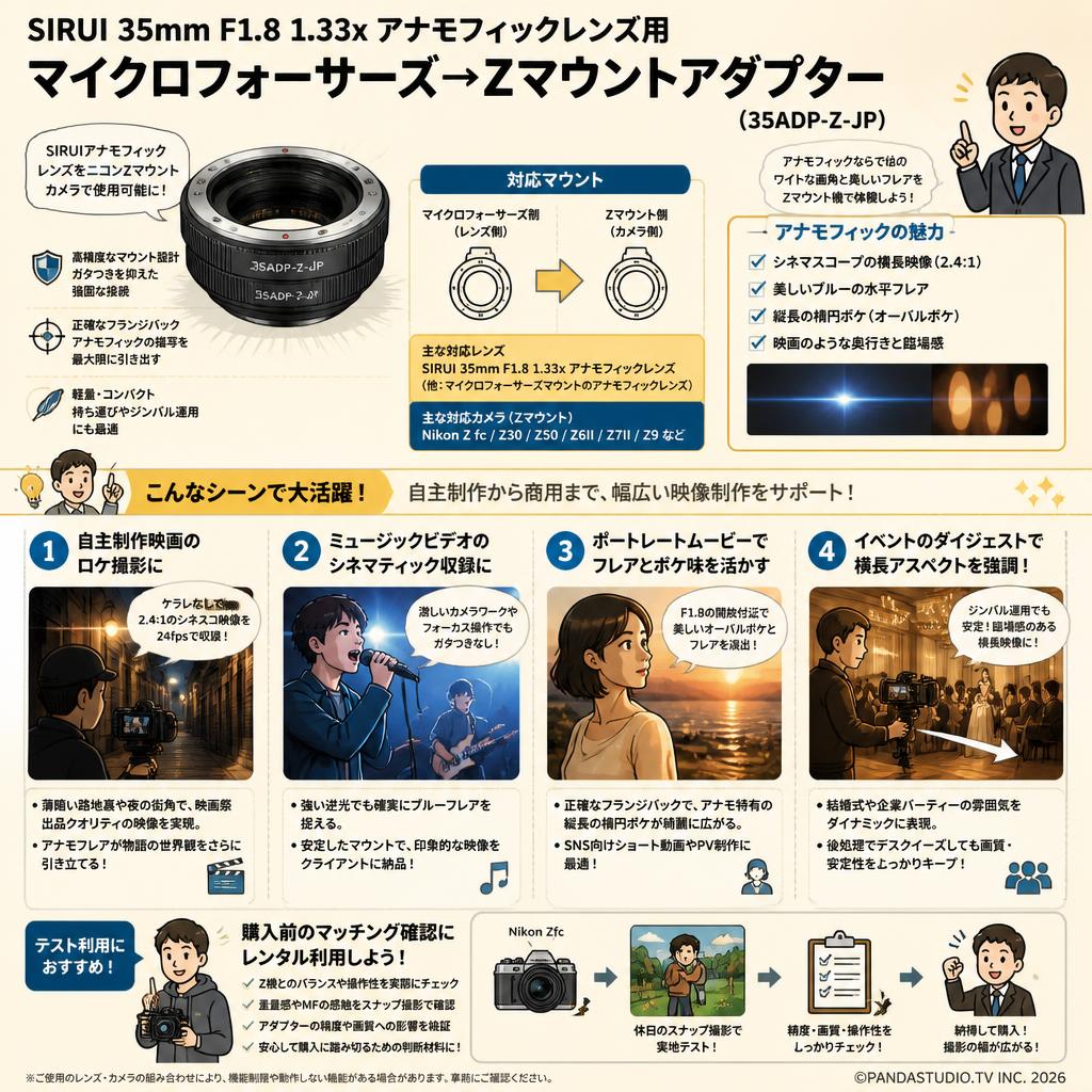 SIRUI 35mm F1.8 1.33x アナモフィックレンズ用 マイクロフォーサーズ→Zマウントアダプター （35ADP-Z-JP） 用途