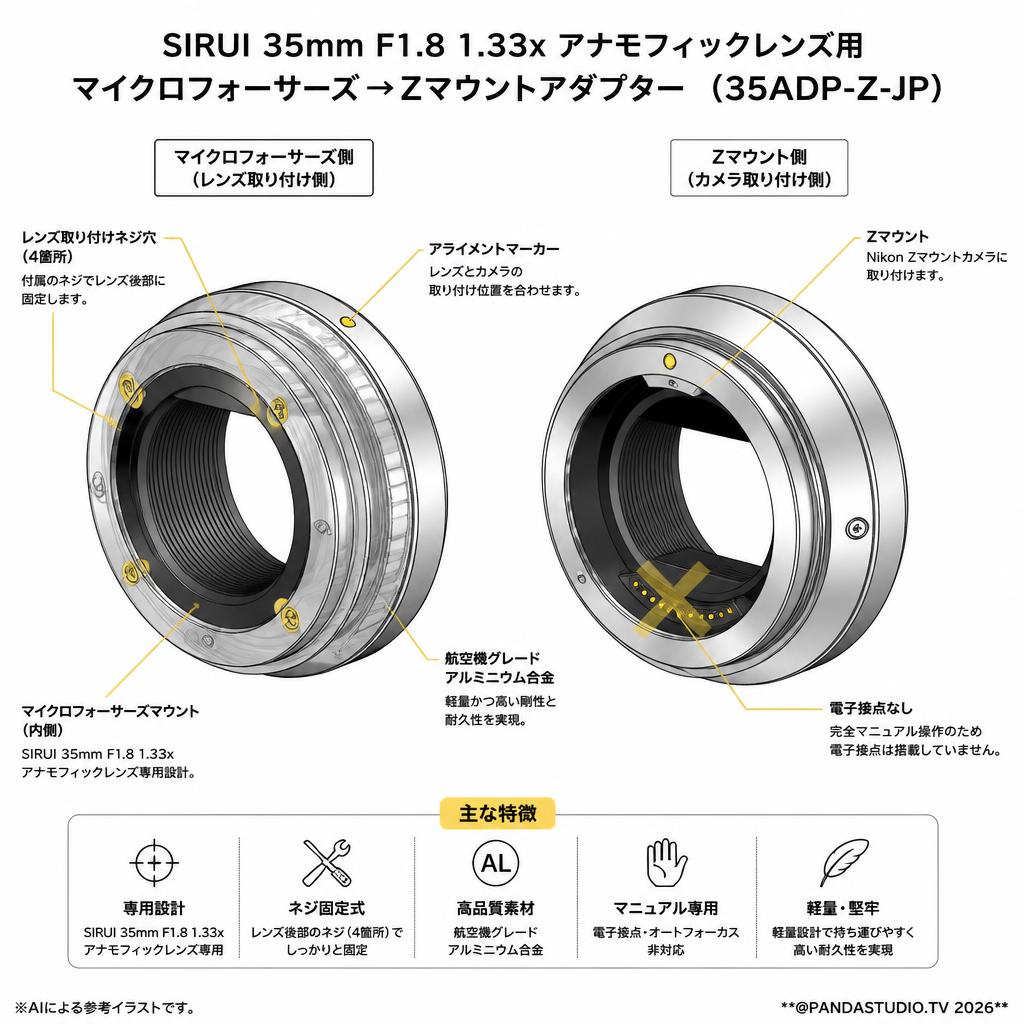 SIRUI 35mm F1.8 1.33x アナモフィックレンズ用 マイクロフォーサーズ→Zマウントアダプター （35ADP-Z-JP） スペック