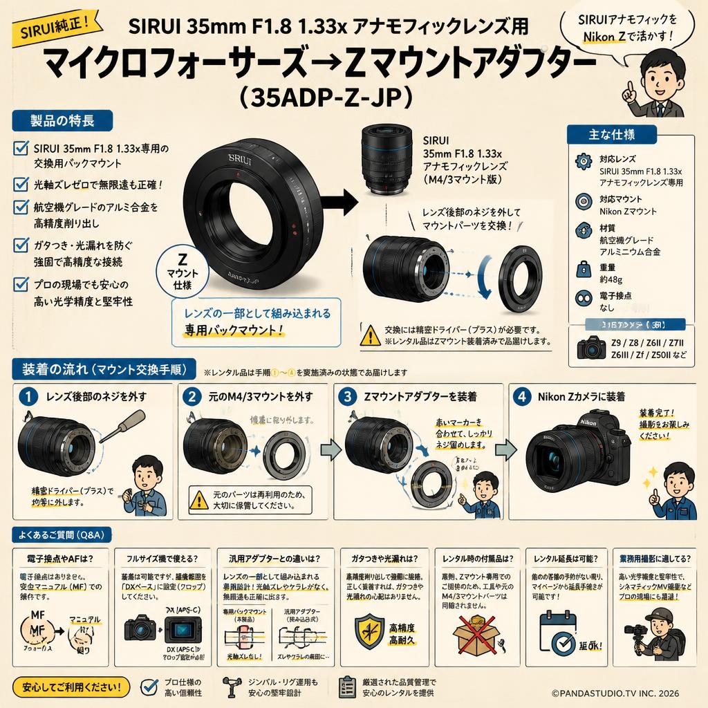 SIRUI 35mm F1.8 1.33x アナモフィックレンズ用 マイクロフォーサーズ→Zマウントアダプター （35ADP-Z-JP） FAQ（よくある質問と答え）