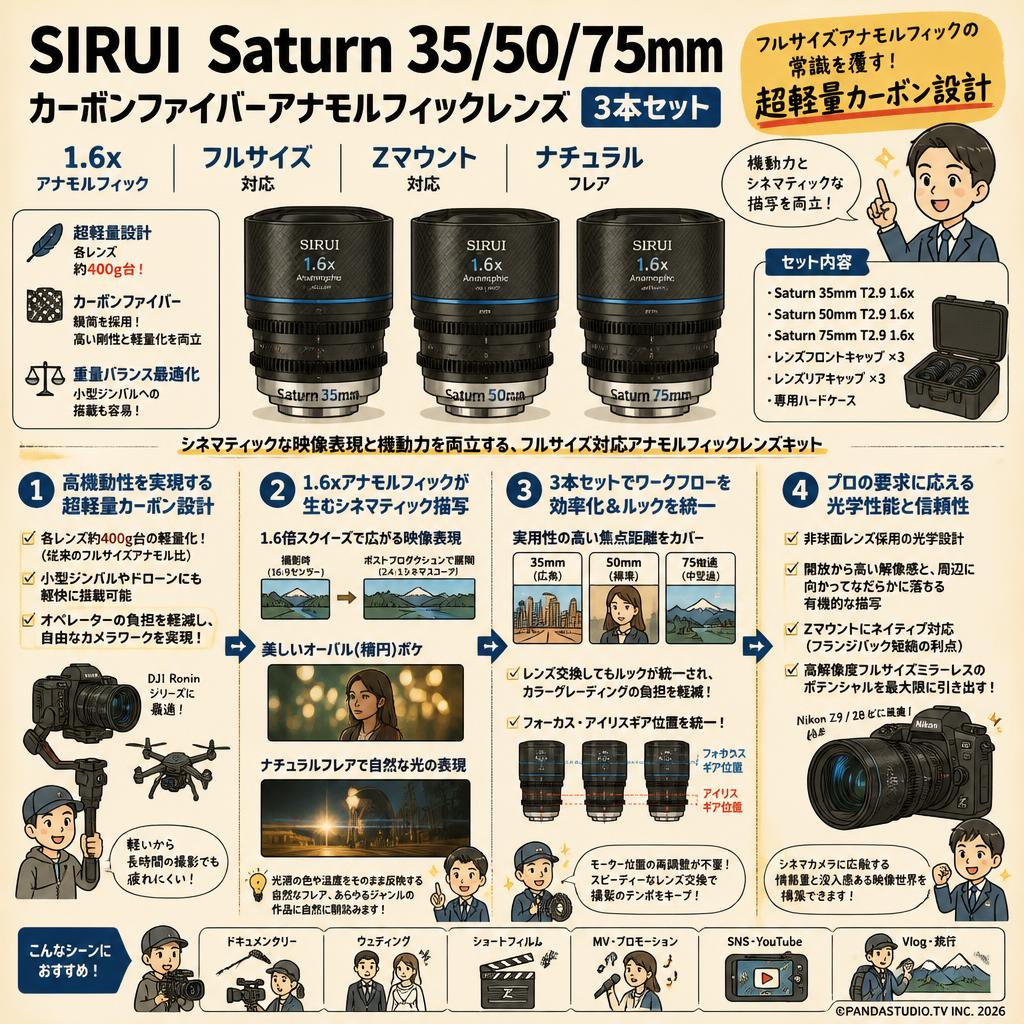 SIRUI Saturn 35/50/75mm カーボンファイバーアナモルフィックレンズ 1.6x Full Frame 3本セット Zマウント ナチュラル (Saturn Z75N-JP) 概要