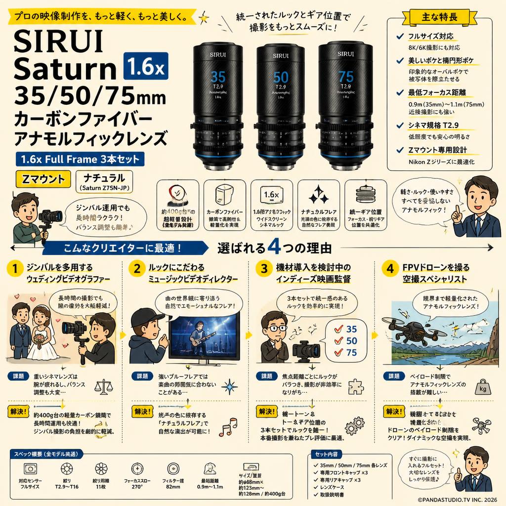 SIRUI Saturn 35/50/75mm カーボンファイバーアナモルフィックレンズ 1.6x Full Frame 3本セット Zマウント ナチュラル (Saturn Z75N-JP) おもな対象のお客様