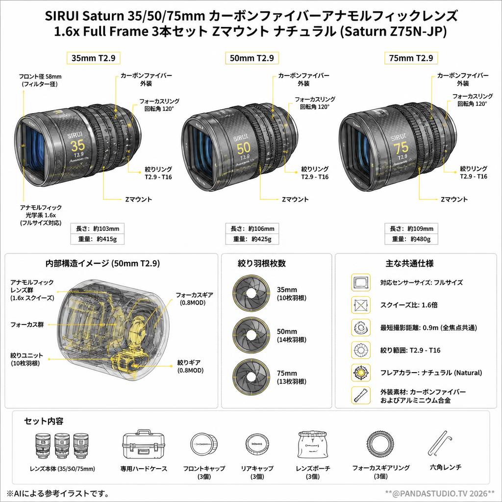 SIRUI Saturn 35/50/75mm カーボンファイバーアナモルフィックレンズ 1.6x Full Frame 3本セット Zマウント ナチュラル (Saturn Z75N-JP) スペック