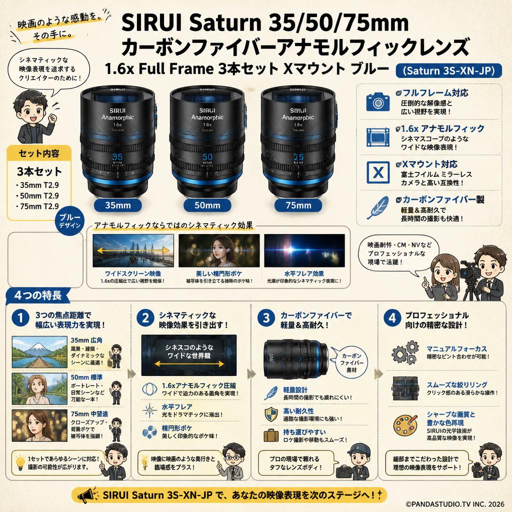 SIRUI Saturn 35/50/75mm カーボンファイバーアナモルフィックレンズ 1.6x Full Frame 3本セット Xマウント ブルー (Saturn 3S-XN-JP) 概要