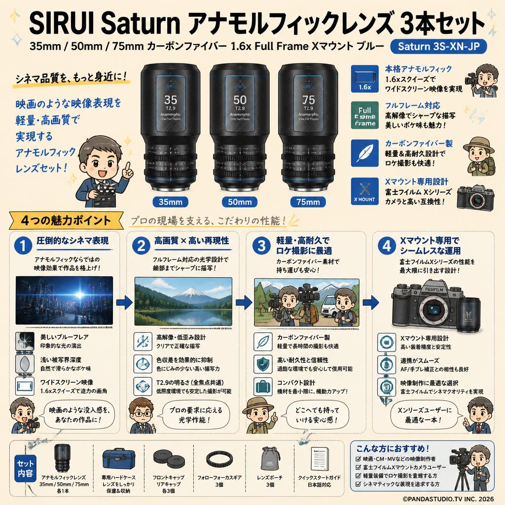 SIRUI Saturn 35/50/75mm カーボンファイバーアナモルフィックレンズ 1.6x Full Frame 3本セット Xマウント ブルー (Saturn 3S-XN-JP) おもな対象のお客様