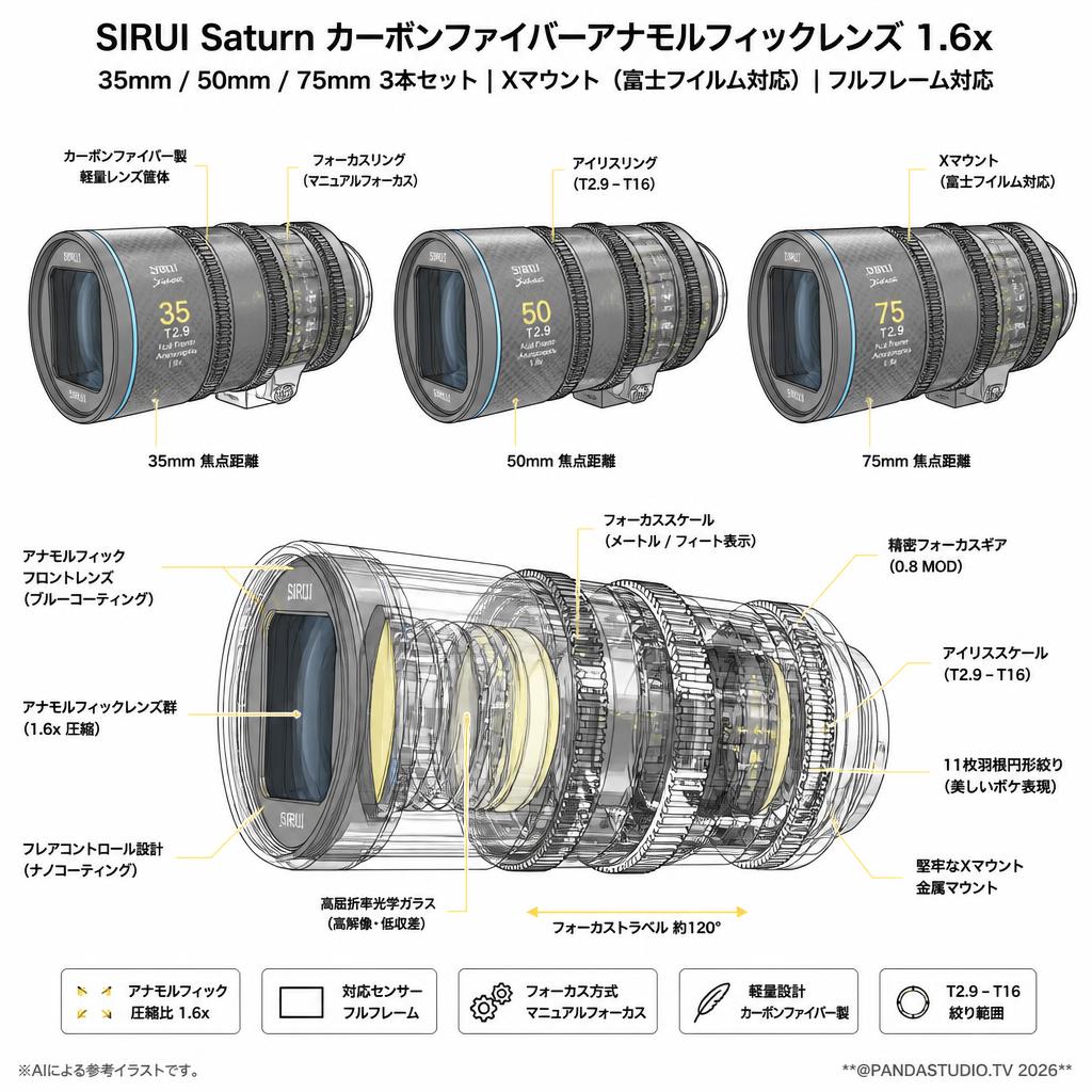 SIRUI Saturn 35/50/75mm カーボンファイバーアナモルフィックレンズ 1.6x Full Frame 3本セット Xマウント ブルー (Saturn 3S-XN-JP) スペック