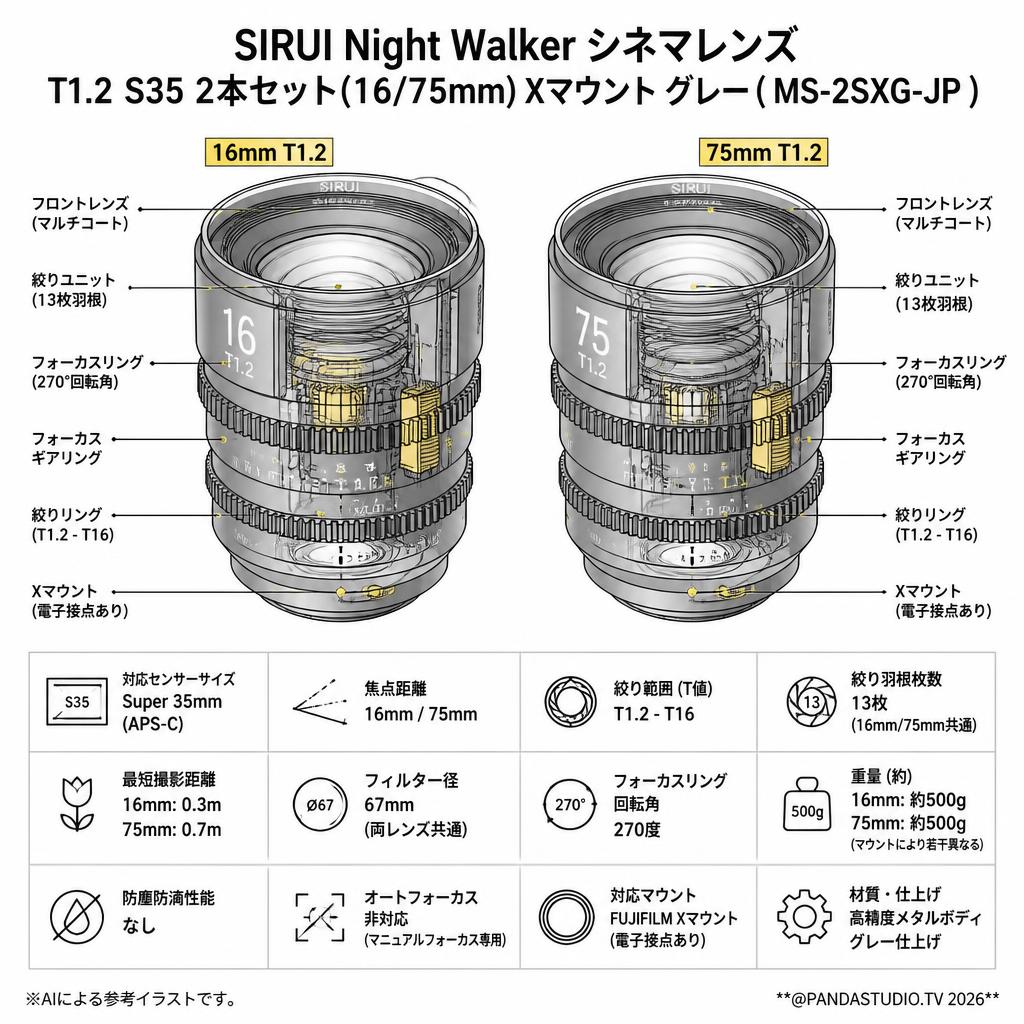 SIRUI Night Walker シネマレンズ T1.2 S35 2本セット(16/75mm) Xマウント グレー ( MS-2SXG-JP ) スペック