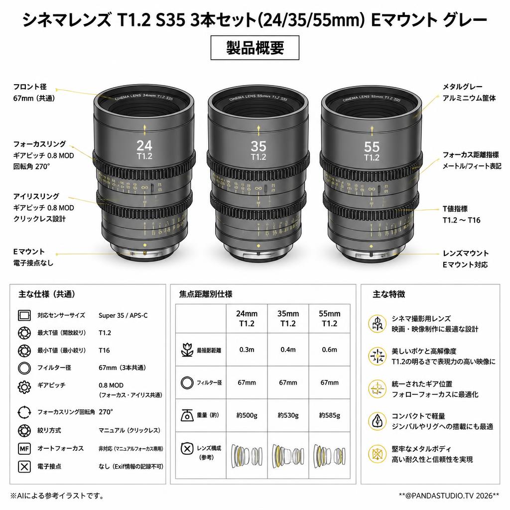 シネマレンズ T1.2 S35 3本セット(24/35/55mm) Eマウント グレー (MS-3SEG-JP) スペック