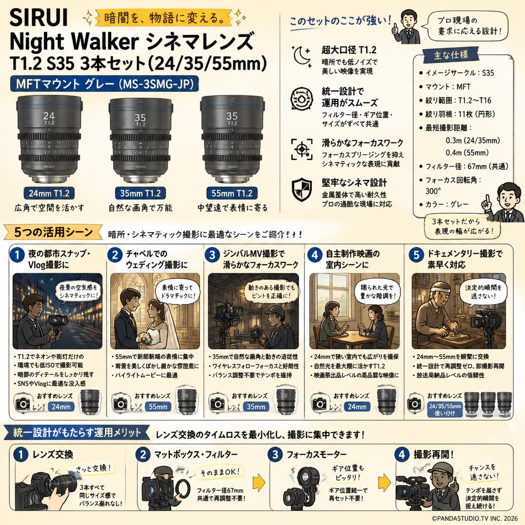 SIRUI Night Walker シネマレンズ T1.2 S35 3本セット(24/35/55mm) MFTマウント グレー (MS-3SMG-JP) 用途