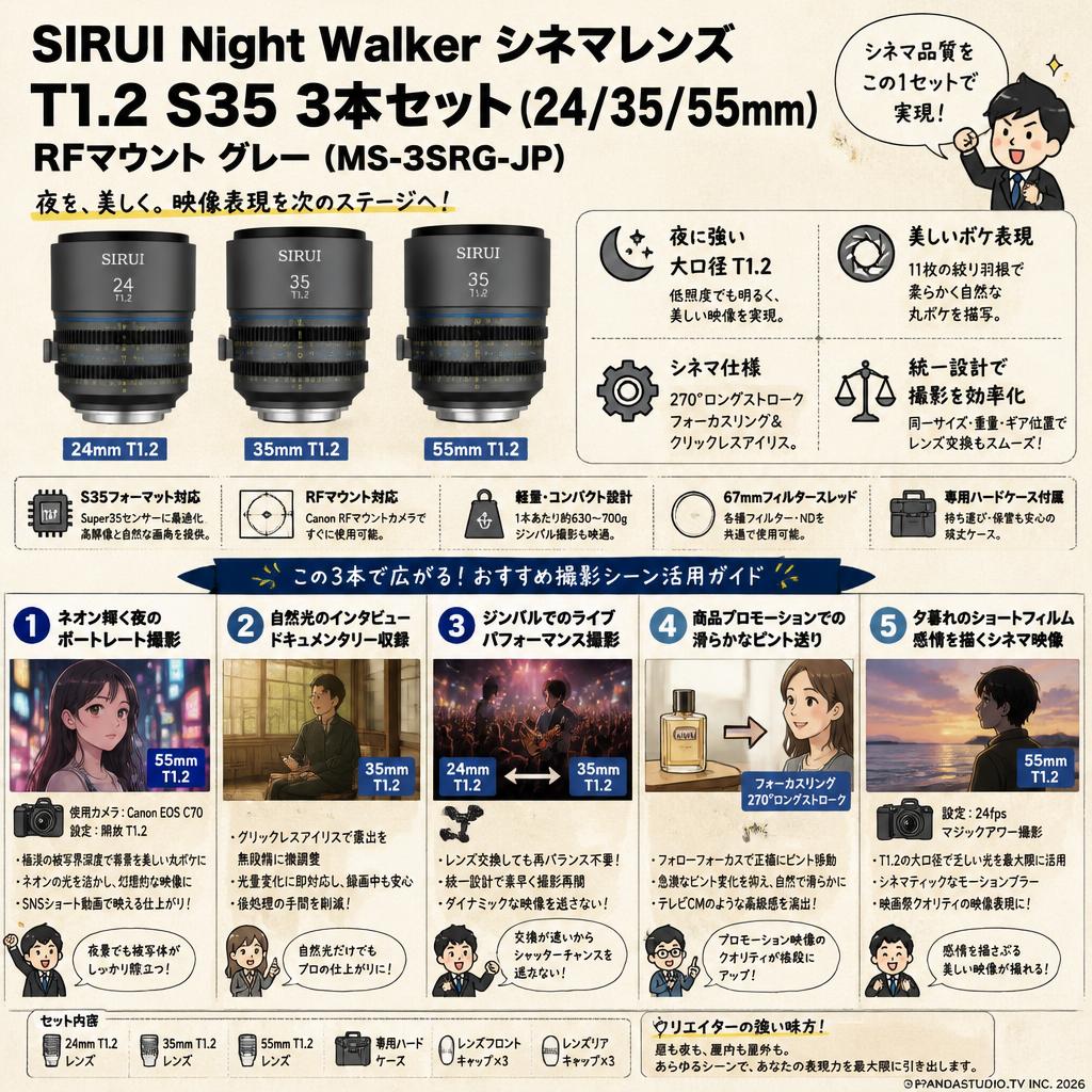 SIRUI Night Walker シネマレンズ T1.2 S35 3本セット(24/35/55mm) RFマウント グレー (MS-3SRG-JP) 用途