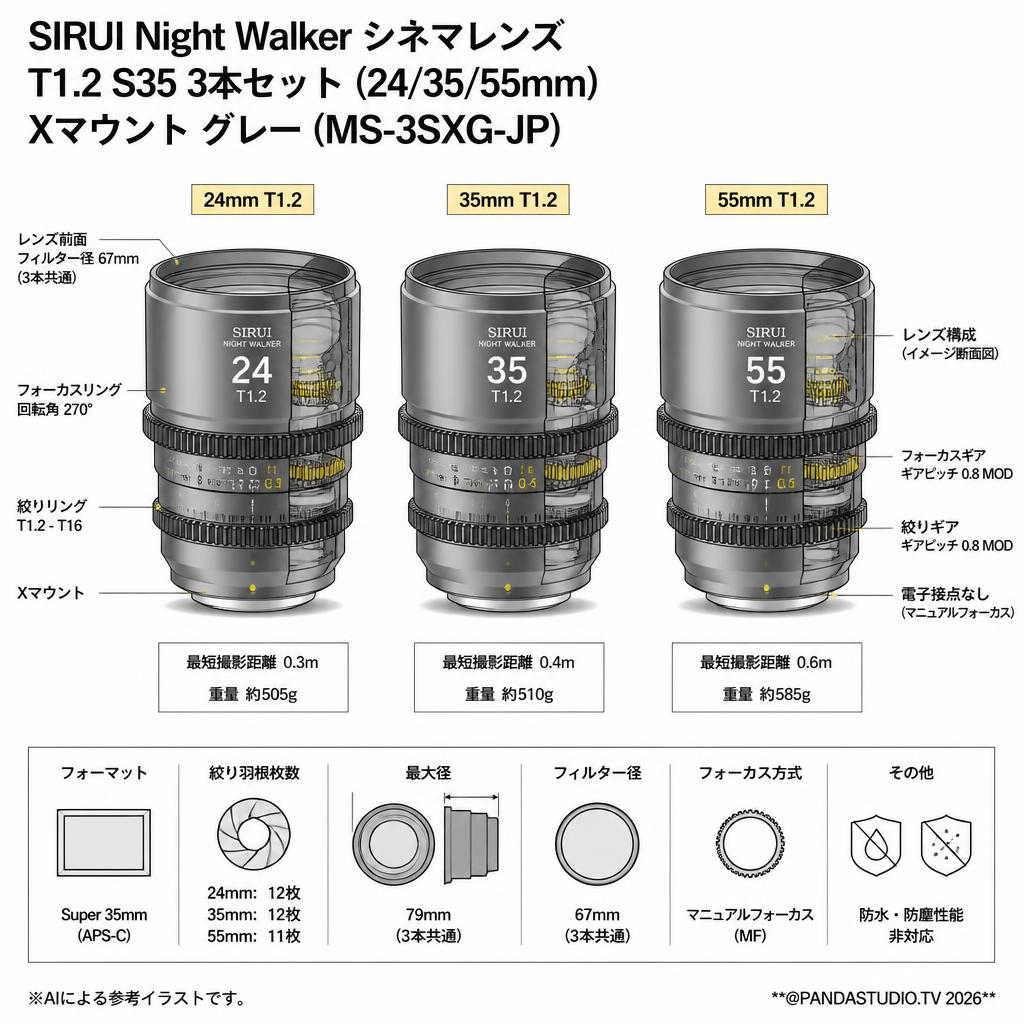 SIRUI Night Walker シネマレンズ T1.2 S35 3本セット(24/35/55mm) Xマウント グレー (MS-3SXG-JP) スペック