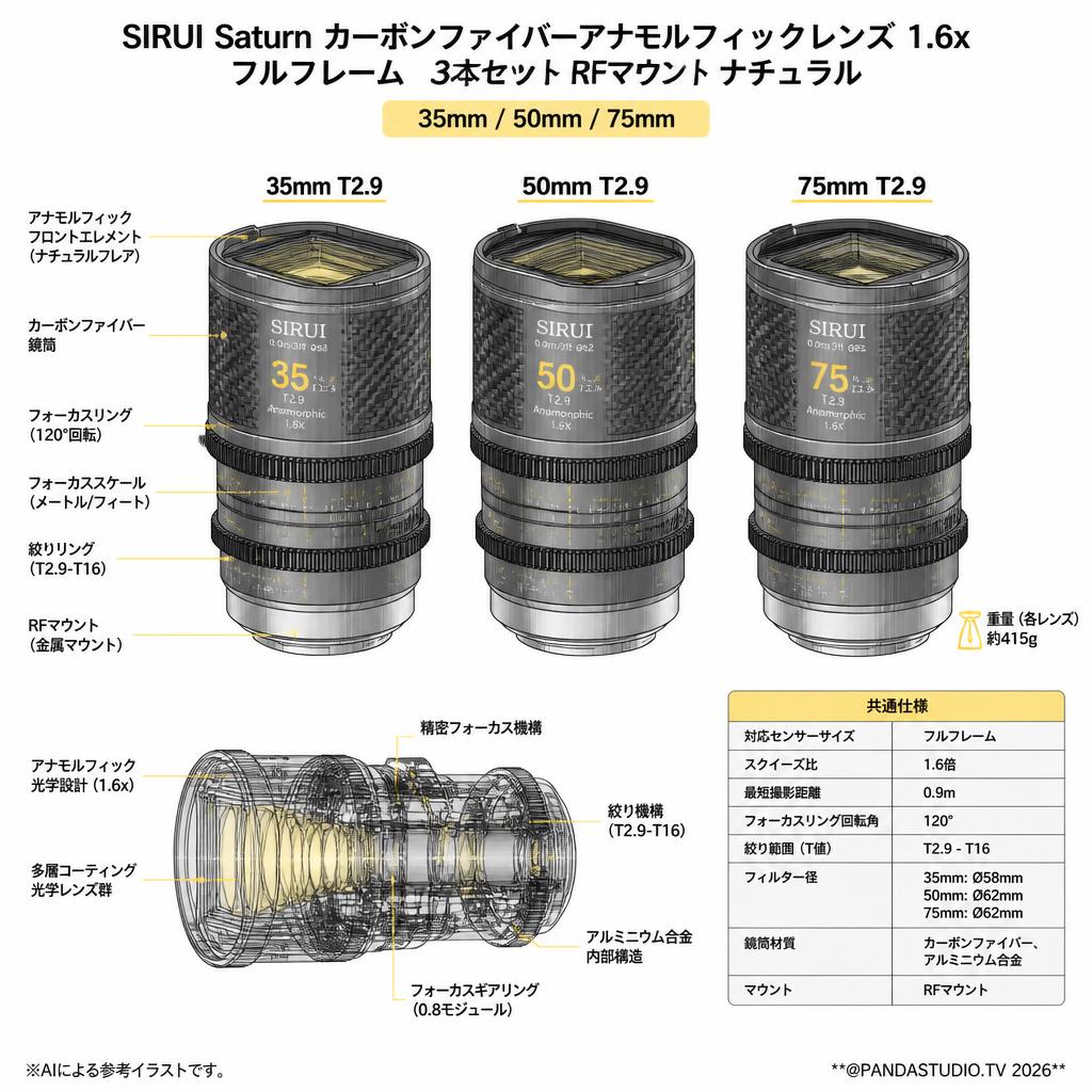 SIRUI Saturn 35/50/75mm カーボンファイバーアナモルフィックレンズ 1.6x Full Frame 3本セット RFマウントナチュラル (Saturn 3S-RFN-JP) スペック