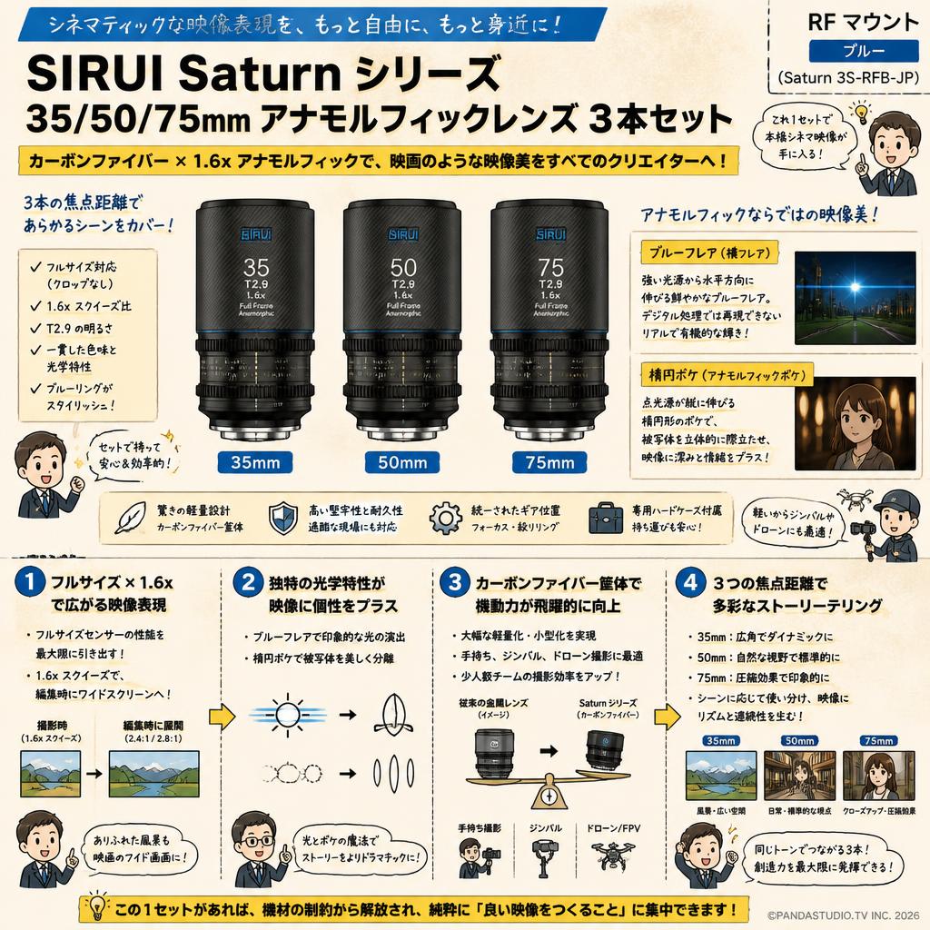 SIRUI Saturn 35/50/75mm カーボンファイバーアナモルフィックレンズ 1.6x Full Frame 3本セット RFマウント ブルー(Saturn 3S-RFB-JP) 概要
