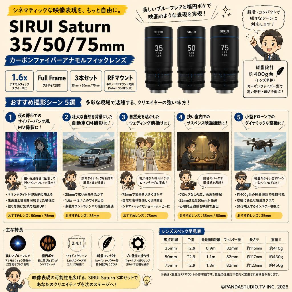 SIRUI Saturn 35/50/75mm カーボンファイバーアナモルフィックレンズ 1.6x Full Frame 3本セット RFマウント ブルー(Saturn 3S-RFB-JP) 用途