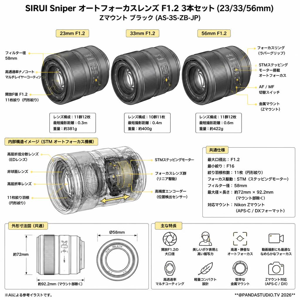 SIRUI Sniper オートフォーカスレンズ F1.2 3本セット(23/33/56mm) Zマウント ブラック (AS-3S-ZB-JP) スペック