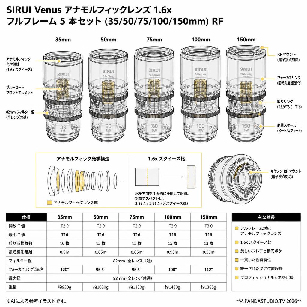 SIRUI Venus アナモルフィックレンズ 1.6x Full Frame 5本セット(35/50/75/100/150mm) RF（Venus 1.6 x 5 SET-RF-JP) スペック