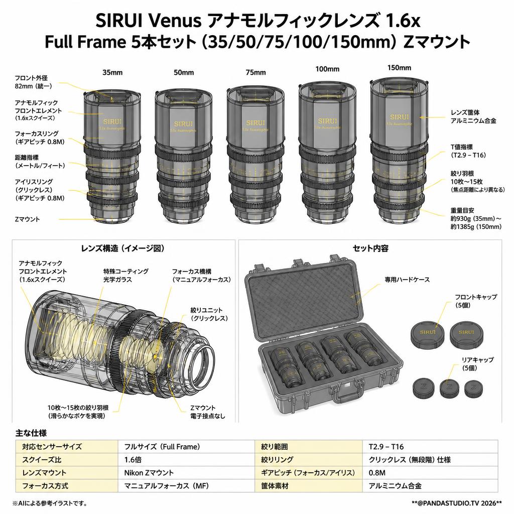 SIRUI Venus アナモルフィックレンズ 1.6x Full Frame 5本セット(35/50/75/100/150mm) Zマウント（Venus 1.6 x 5 SET-Z-JP) スペック